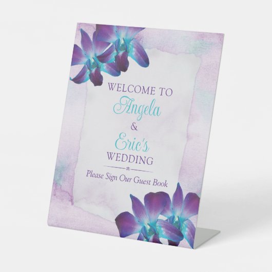 パープルターコイズブルーデンドロビウムオーキッド結婚ズ 台座サイン (正面)