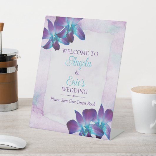 パープルターコイズブルーデンドロビウムオーキッド結婚ズ 台座サイン (インサイチュ)