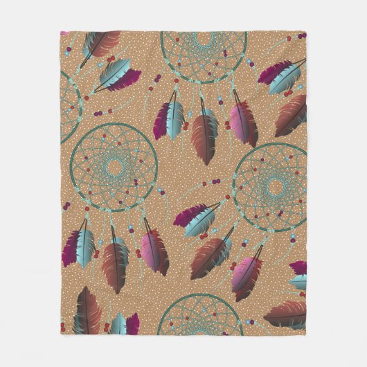 パープルターコイズ先住民ドリームキャッチャー フリースブランケット (正面)