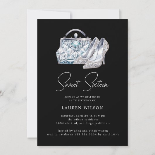 パープルダイヤモンドがきらきらと輝くスイート16の誕生日 招待状 (正面)