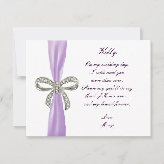 パープルダイヤモンドの弓のウェディングメイドオブオナーカード 招待状 (正面)
