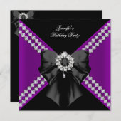 パープルダイヤモンドエレガントバースデーパーティブラック 招待状 (正面/裏面)