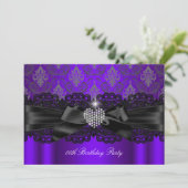 パープルダイヤモンドハートダマスク誕生日パーティー 招待状 (スタンド正面)