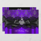 パープルダイヤモンドハートダマスク誕生日パーティー 招待状 (正面/裏面)