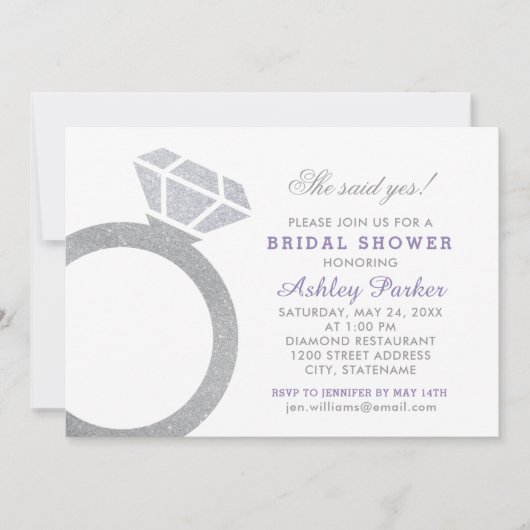 パープルダイヤモンドリングや輪結婚グリッターブライダルシャワー 招待状 (正面)