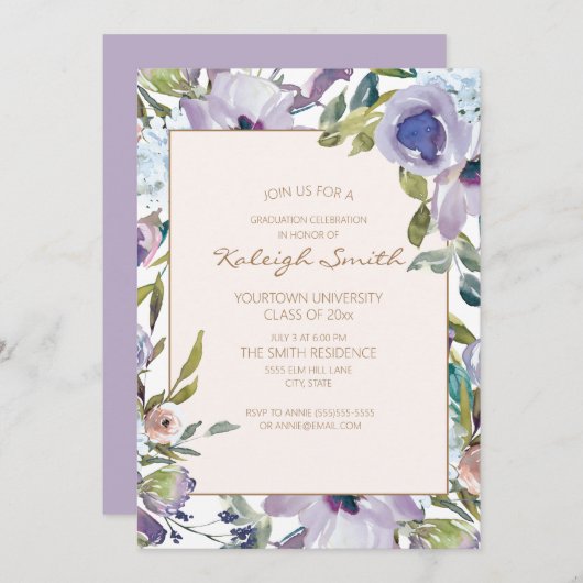 パープルダスティブルーウォーターのカラーフローラ卒業 招待状 (正面/裏面)