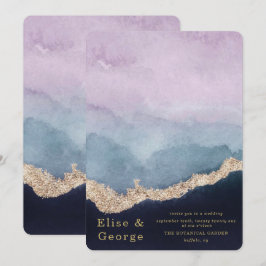 パープルダスティーブルーウォーターカラーアゲートゴールドウェディング 招待状