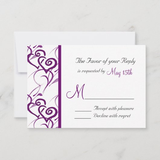 パープルダブルハートスワールつる植物ウェディングRSVP 出欠カード (正面)