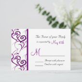 パープルダブルハートスワールつる植物ウェディングRSVP 出欠カード (スタンド正面)