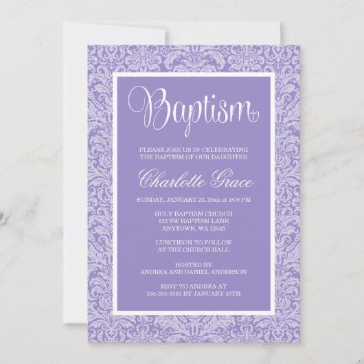 パープルダマエレガントスクガールバプテスマ《キリスト教》洗礼式や命名式 招待状 (正面)
