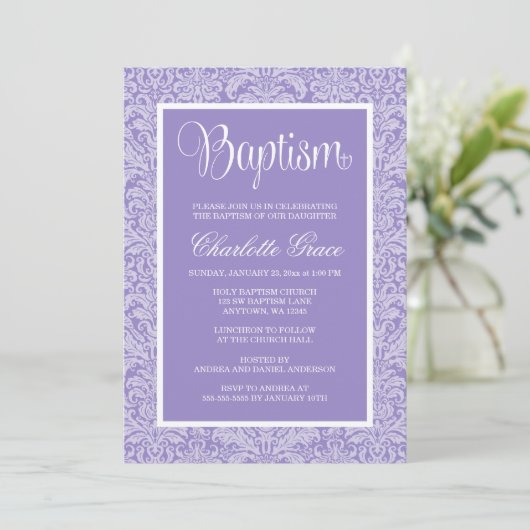 パープルダマエレガントスクガールバプテスマ《キリスト教》洗礼式や命名式 招待状 (スタンド正面)