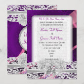 パープルダマスクのヴィンテージ白レースのウェディング 招待状 (正面/裏面)