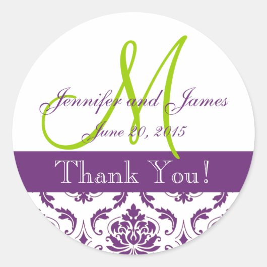 パープルダマスクの結婚式の好意ステッカー ラウンドシール (正面)