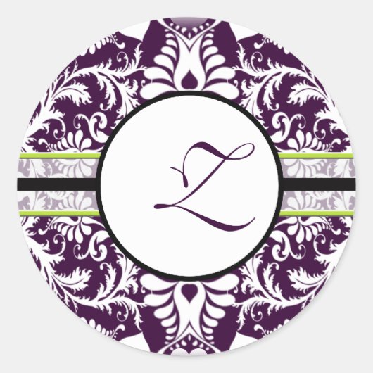 パープルダマスクイニシャルステッカーZ結婚ズ ラウンドシール (正面)