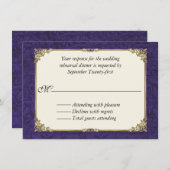 パープルダマスクウェディングリハーサルディナーRSVPカード 招待状 (正面/裏面)