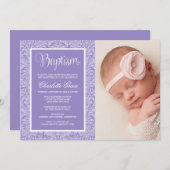 パープルダマスクガールフォトバプティスマ《キリスト教》洗礼式や命名式 招待状 (正面/裏面)