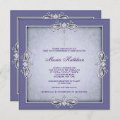 パープルダマスククロスガールズファーストコミュニオン 招待状 (正面/裏面)