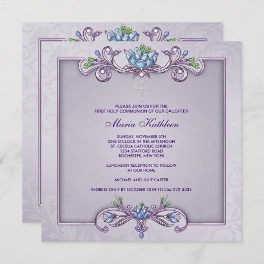 パープルダマスククロスガールズファースト聖餐式 招待状 (正面/裏面)