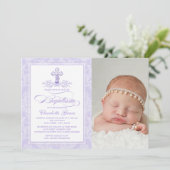 パープルダマスククロスガールズフォトバプテスマ招待状 招待状 (スタンド正面)