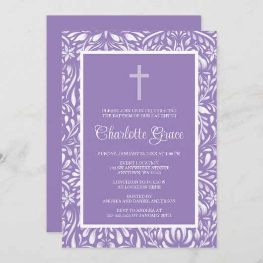 パープルダマスククロスガールバプテスマ《キリスト教》洗礼式や命名式 招待状 (正面/裏面)