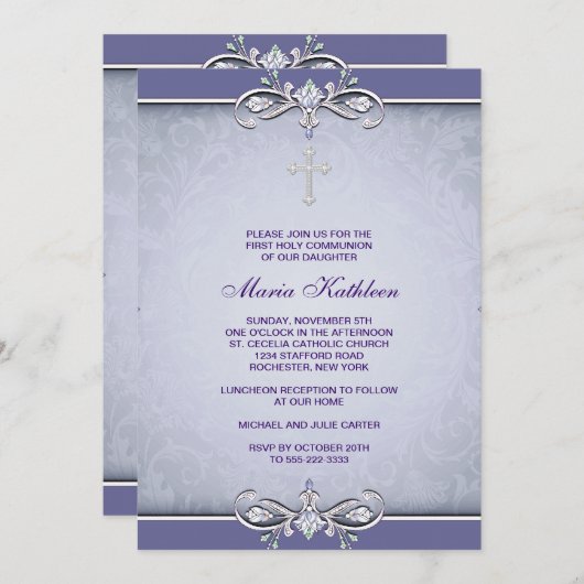 パープルダマスククロスファースト招待状 招待状 (正面/裏面)