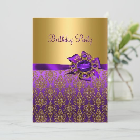 パープルダマスクジュエルバースデーパーティー🎉招待状 招待状 (スタンド正面)