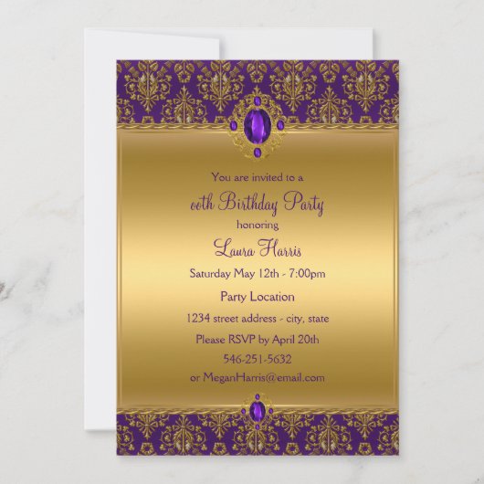 パープルダマスクジュエルバースデーパーティ招待状 招待状 (正面)