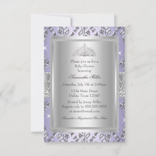 パープルダマスクティアラプリンセスベビーシャワー招待状 招待状 (裏面)