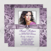 パープルダマスクフォトSweet sixteen誕生日パーティー 招待状 (正面/裏面)