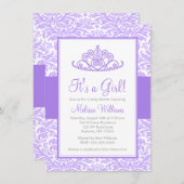 パープルダマスクプリンセスクラウンガールベビーシャワー 招待状 (正面/裏面)