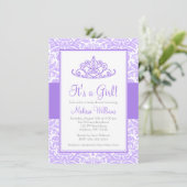 パープルダマスクプリンセスクラウンガールベビーシャワー 招待状 (スタンド正面)