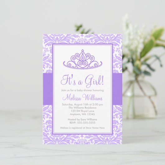 パープルダマスクプリンセスクラウンガールベビーシャワー 招待状 (スタンド正面)