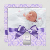 パープルダマスクベビーガールフォトバプテスマ《キリスト教》洗礼式や命名式 招待状 (正面/裏面)