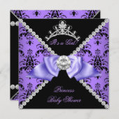 パープルダマスクベビーシャワーガールプリンセスダイヤモンド 招待状 (正面/裏面)