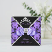 パープルダマスクベビーシャワーガールプリンセスダイヤモンド 招待状 (スタンド正面)
