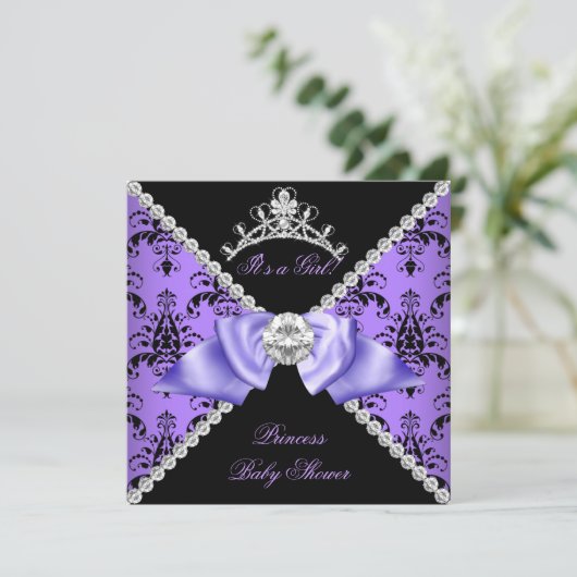 パープルダマスクベビーシャワーガールプリンセスダイヤモンド 招待状 (スタンド正面)