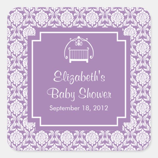 パープルダマスクベビーシャワースクエアステッカー スクエアシール (正面)