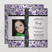 パープルダマスク写真甘い16パーティー 招待状 (正面/裏面)