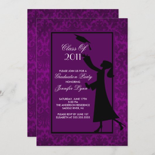 パープルダマスク卒業招待状卒業 招待状 (正面/裏面)