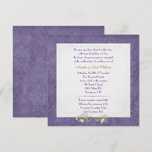 パープルダマスク結婚フレームの誓いの更新 招待状 (正面/裏面)