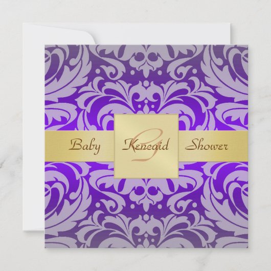 パープルダマスク金ゴールドリボンベビーシャワー招待状 招待状 (正面)