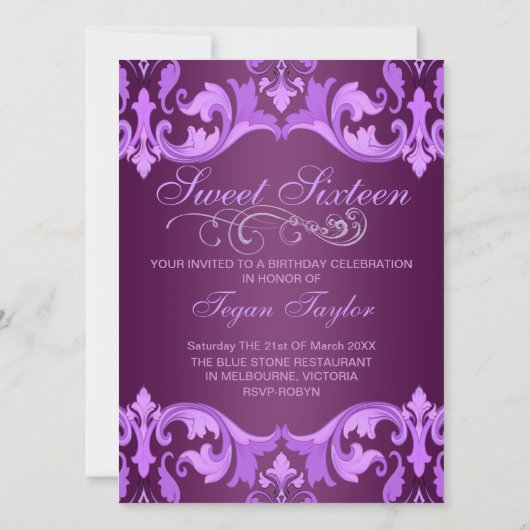 パープルダマスク&ティアラスウィート16誕生日招待状 招待状 (裏面)