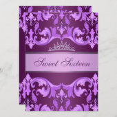 パープルダマスク&ティアラスウィート16誕生日招待状 招待状 (正面/裏面)