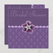 パープルダマスク、フラワー、スター&パールズブライダルシャワー 招待状 (正面/裏面)