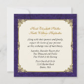 パープルダマスク&ヴィンテージ金ゴールド結婚式招待状 招待状 (正面)