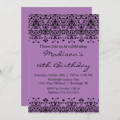パープルダマスクSweet sixteen誕生日招待状 招待状 (正面/裏面)
