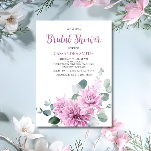 パープルダリアとユーカリのグリーン ブライダルシャワー 招待状