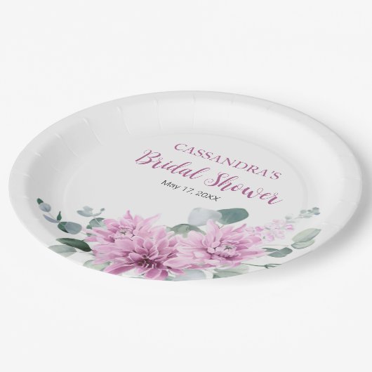 パープルダリアユーカリプスグリーンリーブライダルシャワー ペーパープレート (アングル)