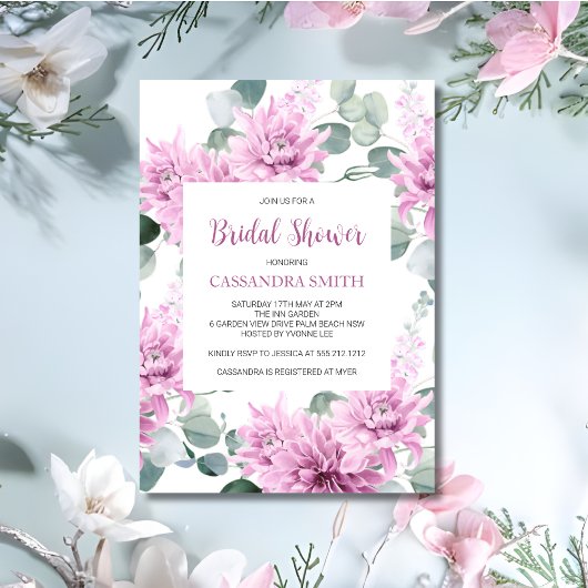 パープルダリアユーカリプタスボタニカルブライダルシャワー 招待状