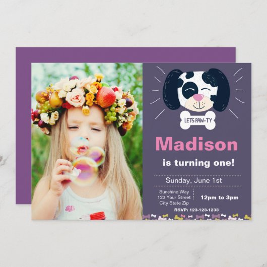 パープルダルマティアン誕生日招待状ウィズフォト 招待状 (正面/裏面)